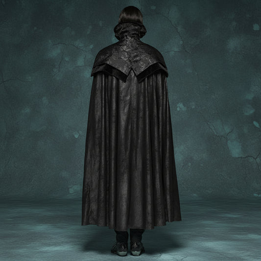 Men's Gothic Black Jacquard Embroidered Victorian Vampire Renaissance Long Cloak with High Collar