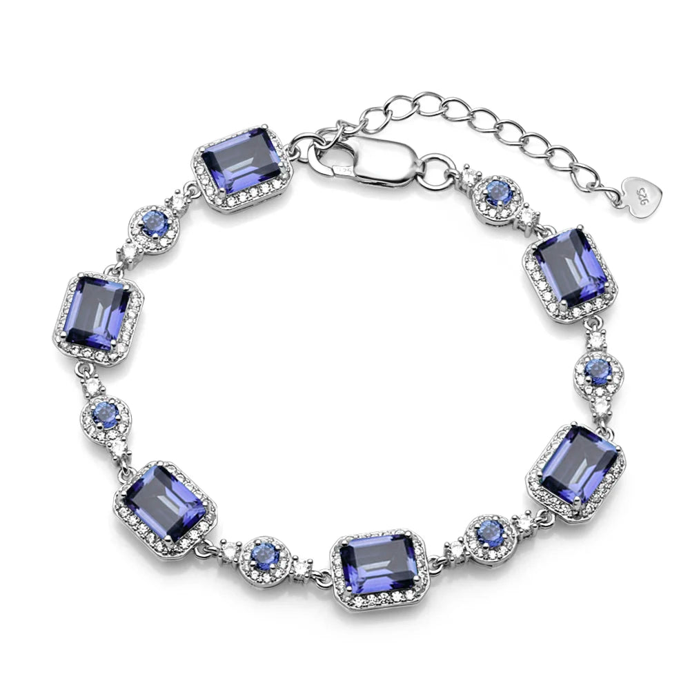 925 Sterling Silver, Natural Agate Stone & Cubic Zirconia Rectangle Cabochons Women's Bracelet