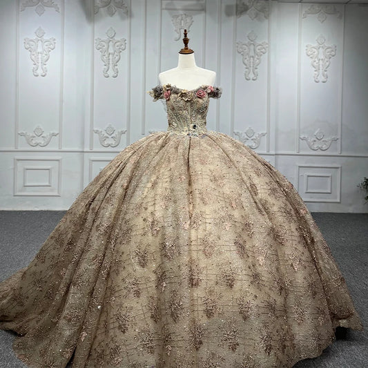 Vintage Renaissance Gold Floral Off-Shoulder Ball Gown with Lace, Floral & Beaded Details