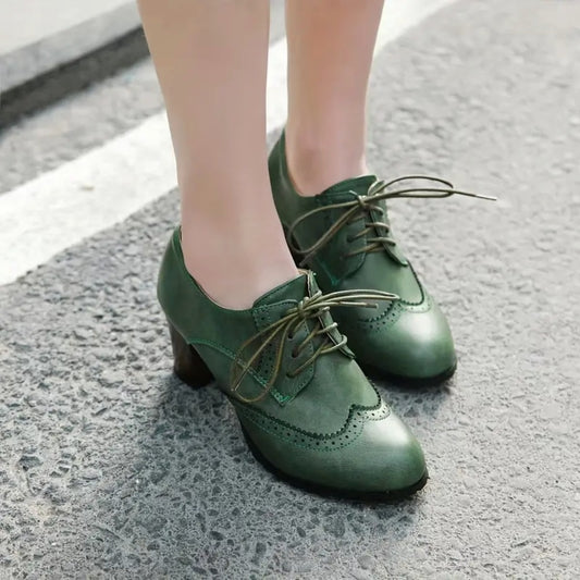 Women’s Vintage Oxford Brogue Retro Lace-Up Block High Heel Pumps