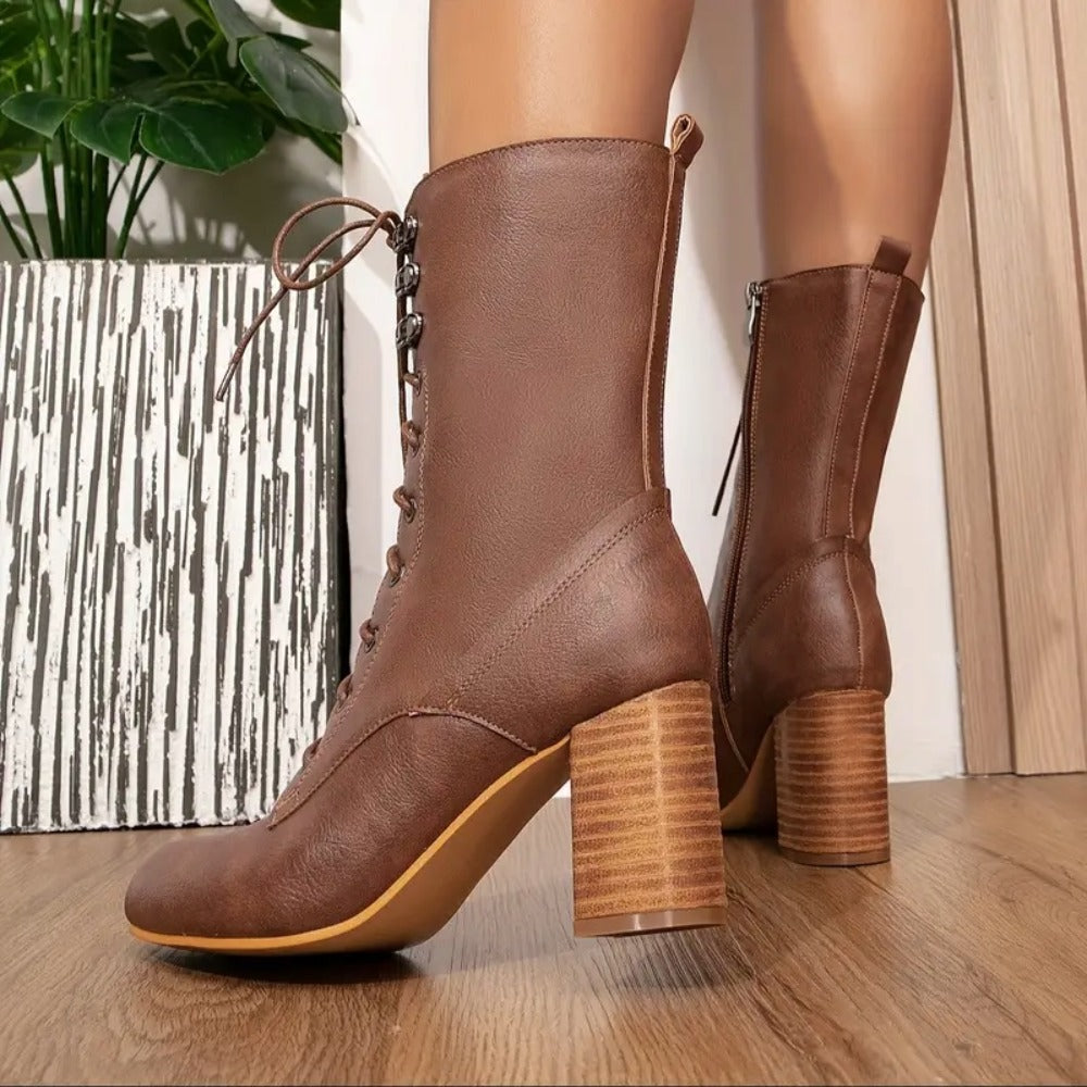 Women's Vintage Lace-Up Riding Style Calf Boots with Block Heel