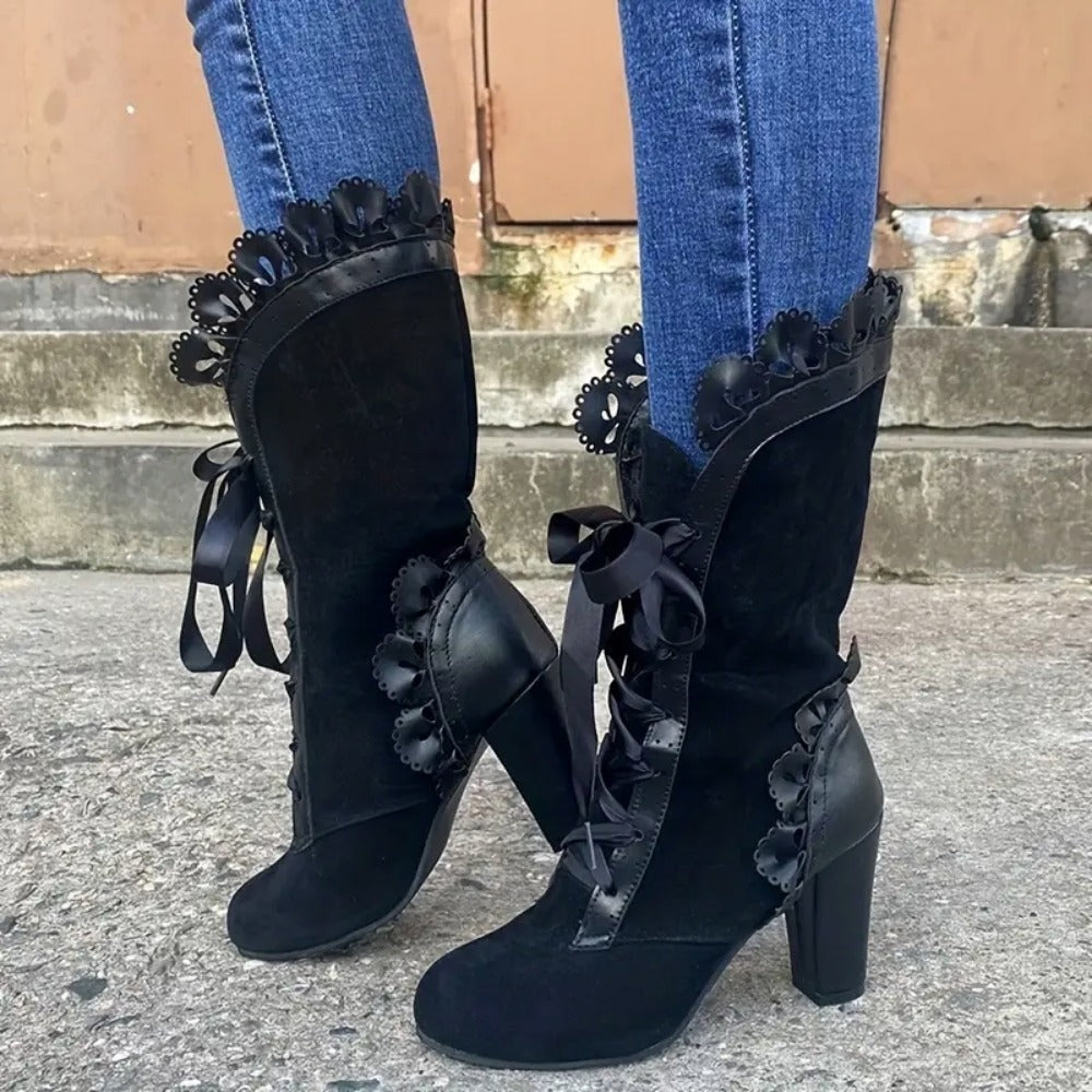 Women's Victorian Lace-Up Black Mid-Calf Block Heel Boots with Ruffle Trim & Floral Applique