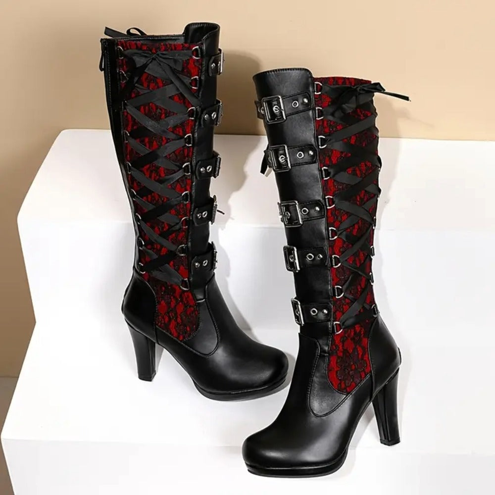 Women's Gothic Red & Black Embroidered Knee-High Buckled Combat Platform Boots