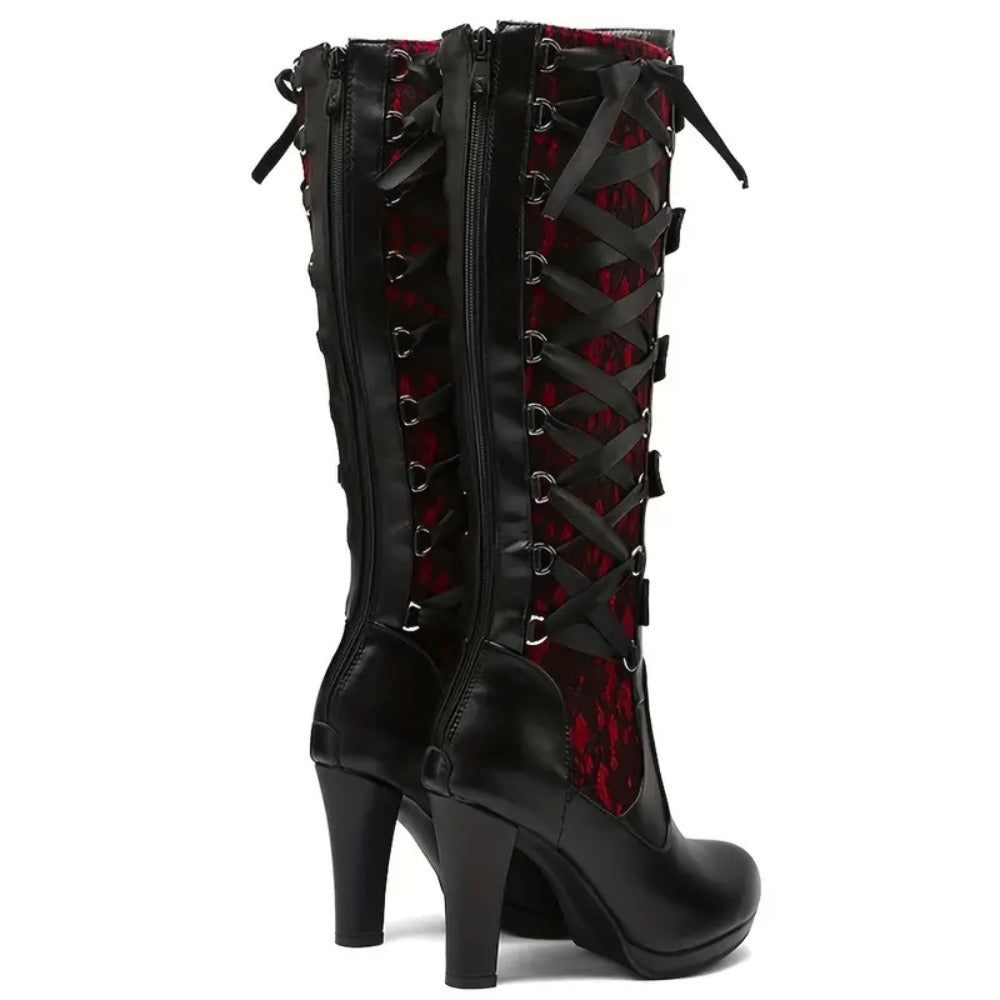 Women's Gothic Red & Black Embroidered Knee-High Buckled Combat Platform Boots