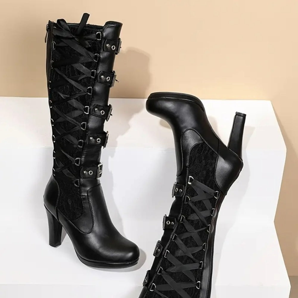 Women's Gothic Red & Black Embroidered Knee-High Buckled Combat Platform Boots