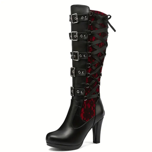 Women's Gothic Red & Black Embroidered Knee-High Buckled Combat Platform Boots