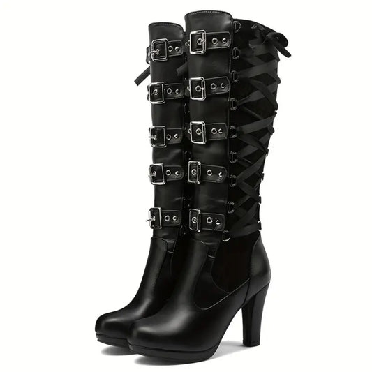 Women's Gothic Red & Black Embroidered Knee-High Buckled Combat Platform Boots