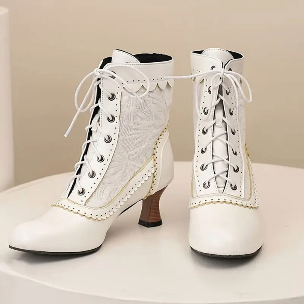 Women's Victorian Lace-Up Embroidered Vintage Kitten Heel Ankle Boots with Scalloped Trim