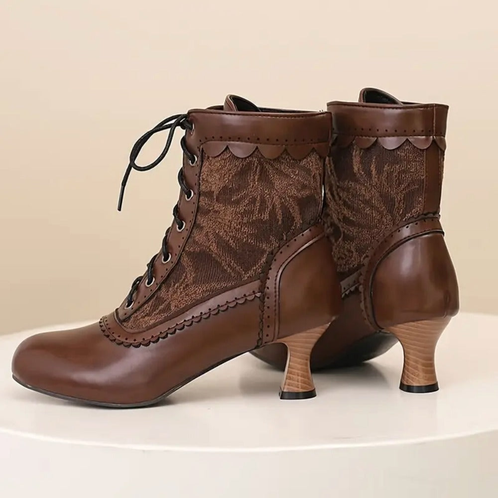 Women's Victorian Lace-Up Embroidered Vintage Kitten Heel Ankle Boots with Scalloped Trim