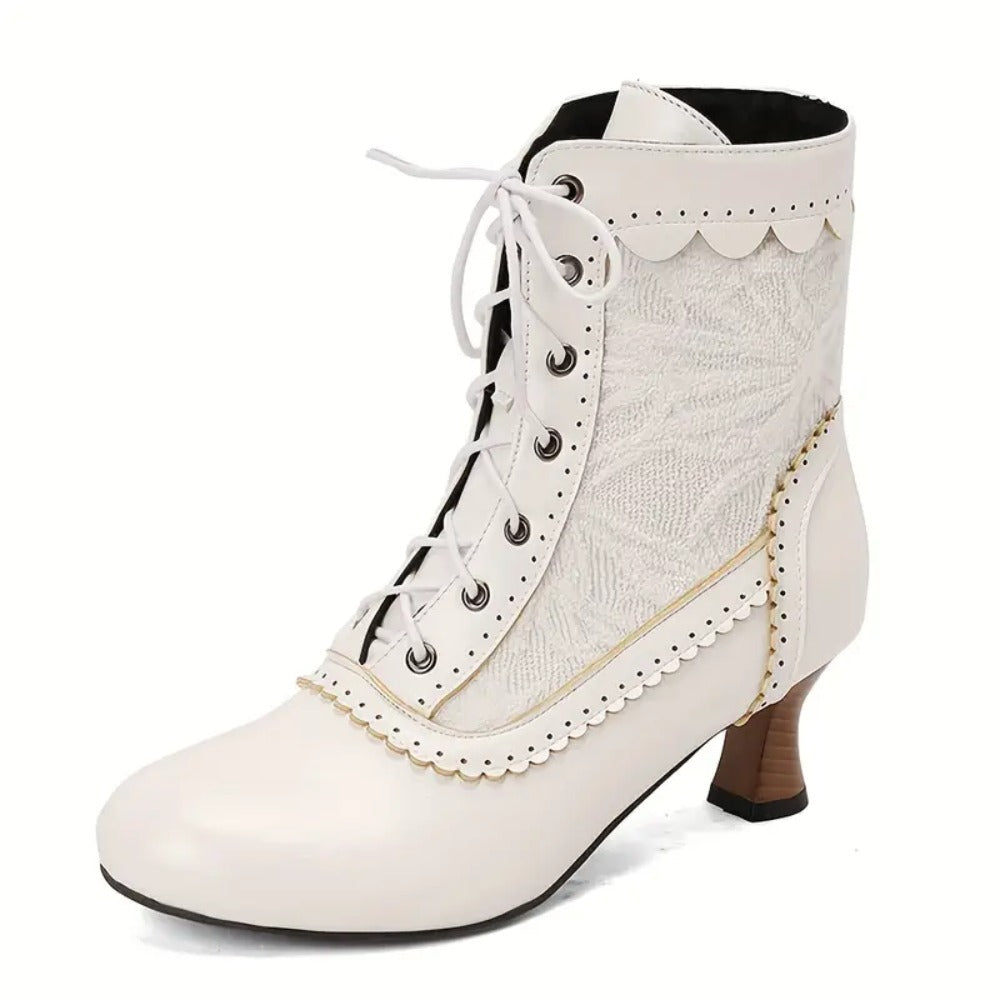 Women's Victorian Lace-Up Embroidered Vintage Kitten Heel Ankle Boots with Scalloped Trim