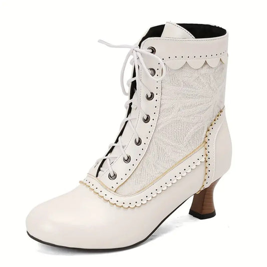 Women's Victorian Lace-Up Embroidered Vintage Kitten Heel Ankle Boots with Scalloped Trim