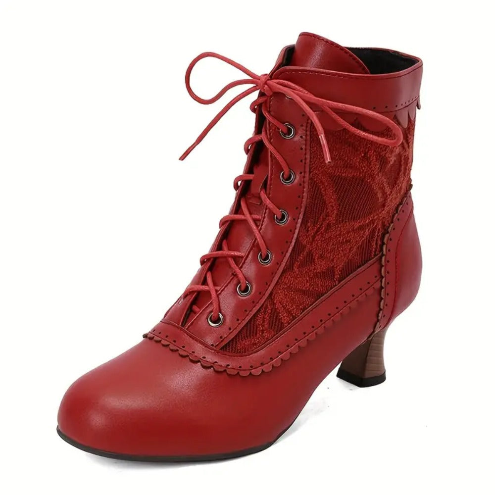 Women's Victorian Lace-Up Embroidered Vintage Kitten Heel Ankle Boots with Scalloped Trim