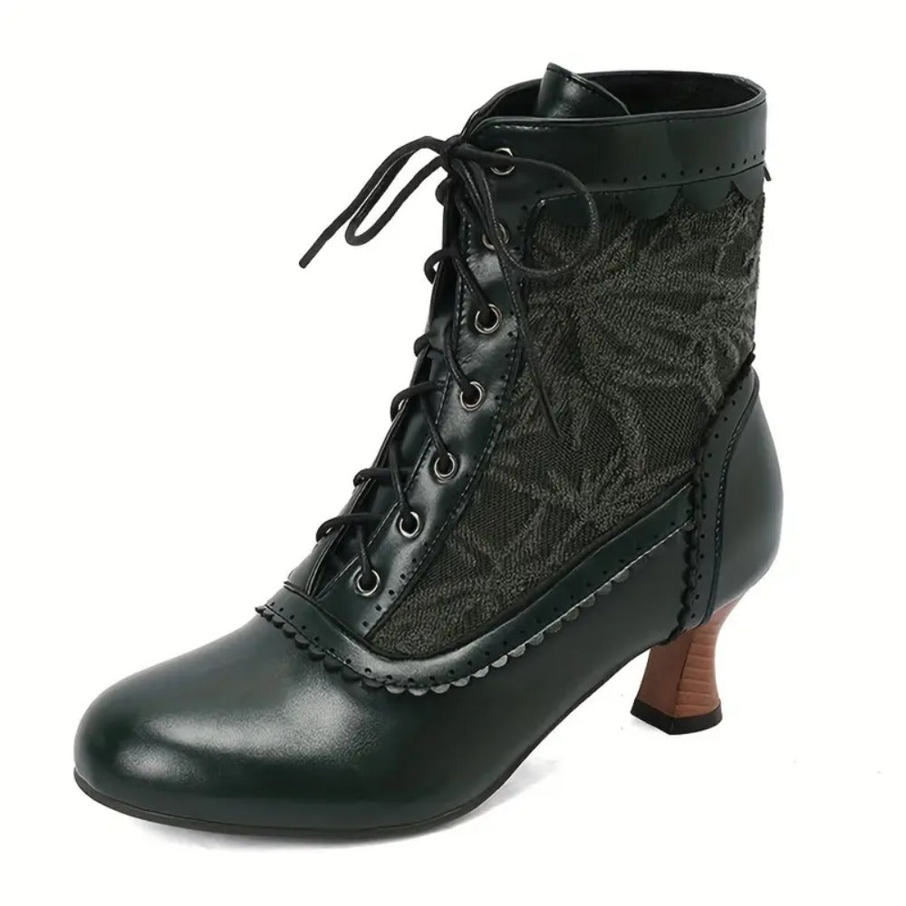 Women's Victorian Lace-Up Embroidered Vintage Kitten Heel Ankle Boots with Scalloped Trim