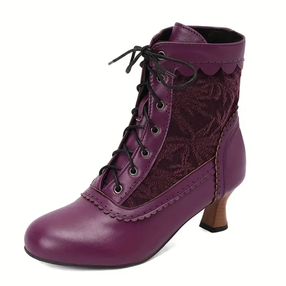 Women's Victorian Lace-Up Embroidered Vintage Kitten Heel Ankle Boots with Scalloped Trim