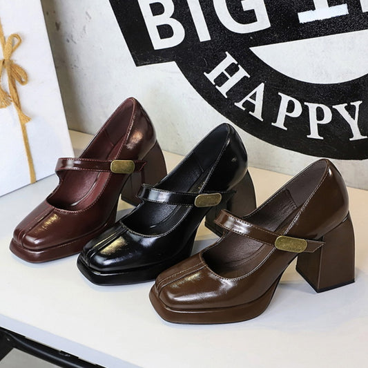 Vintage Women's Block Heel Mary Jane Retro Chunky Heel Pumps with Gold Buckle
