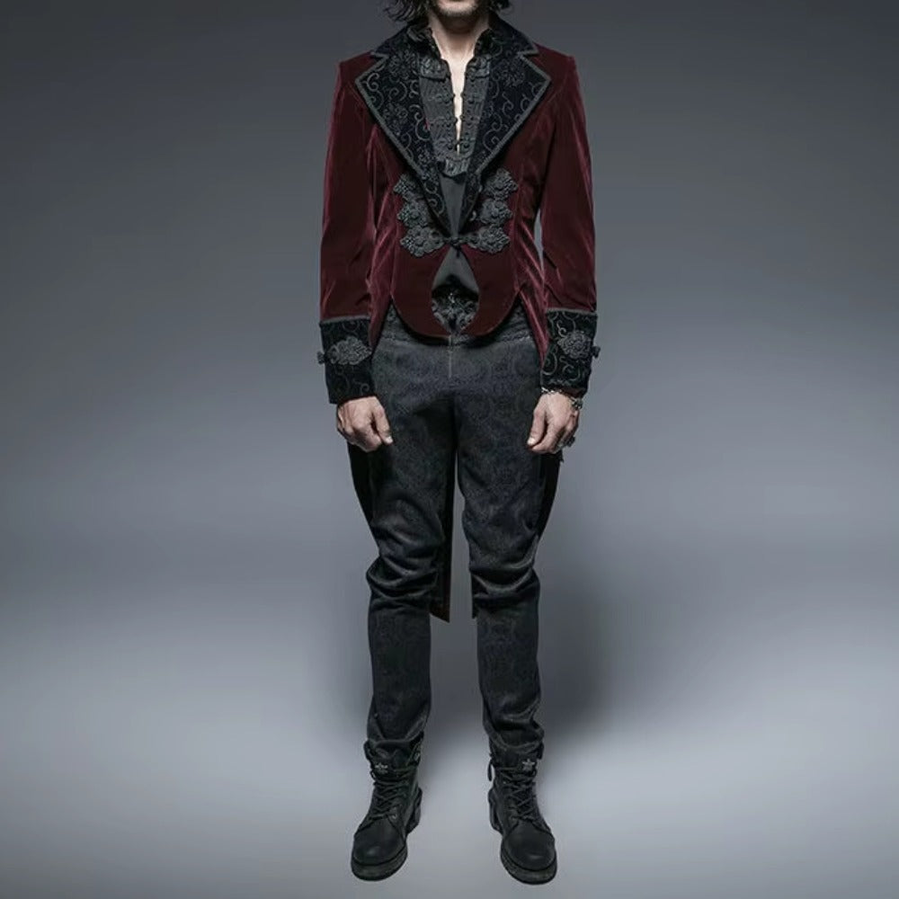 Men's Gothic Crimson Red & Black Embroidered Victorian Aristocrat Tailcoat Jacket