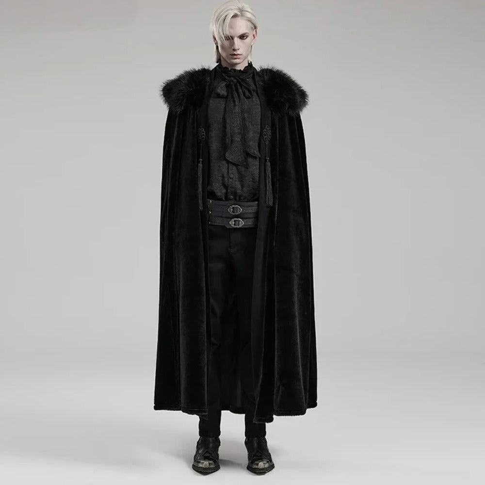 Men's Gothic Black Medieval Renaissance Embroidered Cloak with Fur Lined Collar