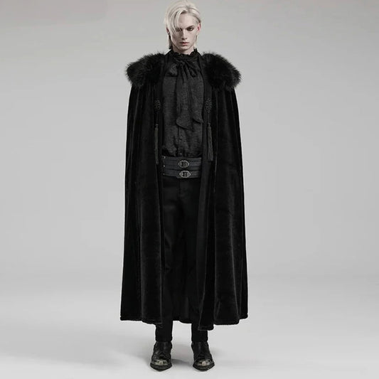 Men's Gothic Black Medieval Renaissance Embroidered Cloak with Fur Lined Collar