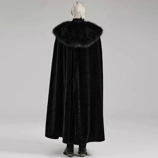 Men's Gothic Black Medieval Renaissance Embroidered Cloak with Fur Lined Collar
