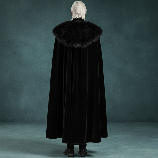 Men's Gothic Black Medieval Renaissance Embroidered Cloak with Fur Lined Collar