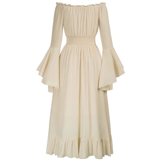 Vintage Medieval Renaissance Women's Maxi A-Line Dress with Long Flared Sleeves & Lace Collar