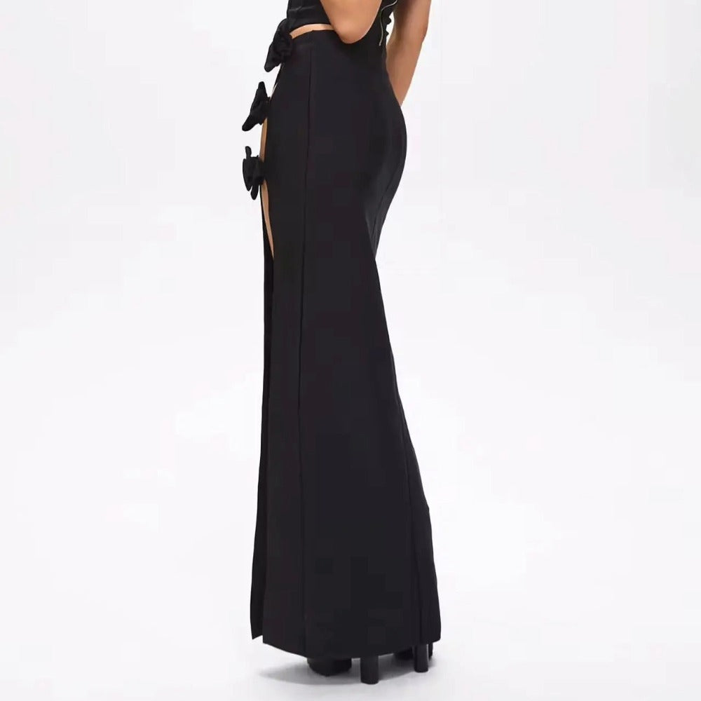 Women's Black High Slit Maxi Evening Skirt with Rose Embellishments