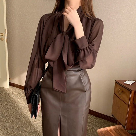 Women's Chocolate Brown Vintage Bow Tie Long Sleeve Chiffon Blouse