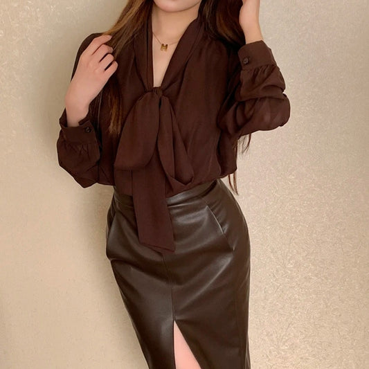 Women's Chocolate Brown Vintage Bow Tie Long Sleeve Chiffon Blouse