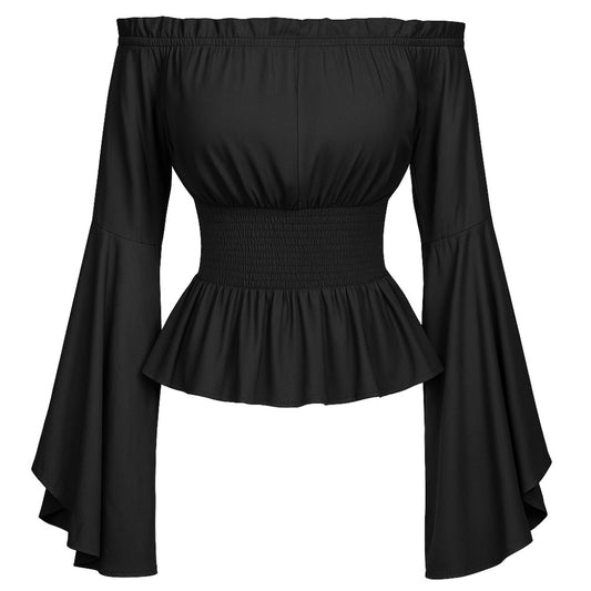Women's Renaissance Off-Shoulder Smocked Medieval Peasant Blouse Flared Sleeves