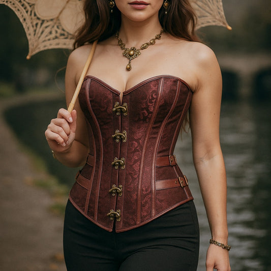 Women's Vintage Steampunk Floral Jacquard Bustier Corset with Leather Clasps