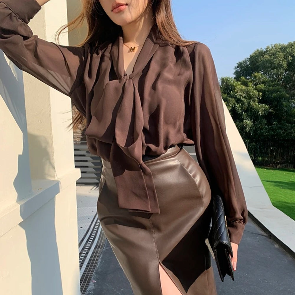 Women's Chocolate Brown Vintage Bow Tie Long Sleeve Chiffon Blouse