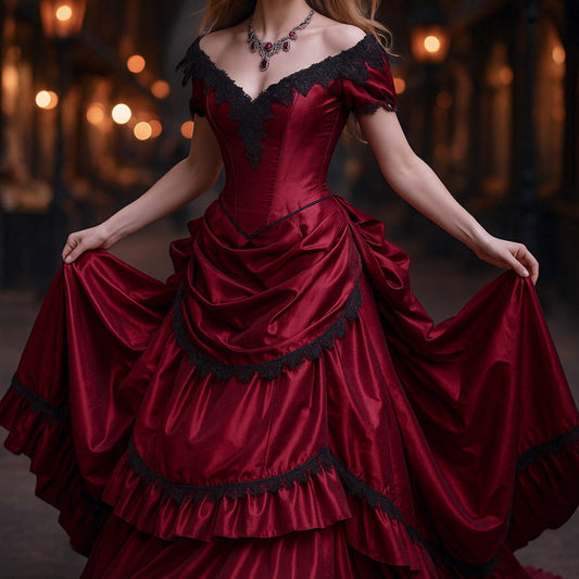 Gothic Victorian Dark Red & Black Evening Gown with Lace Appliqué & Cap Sleeves