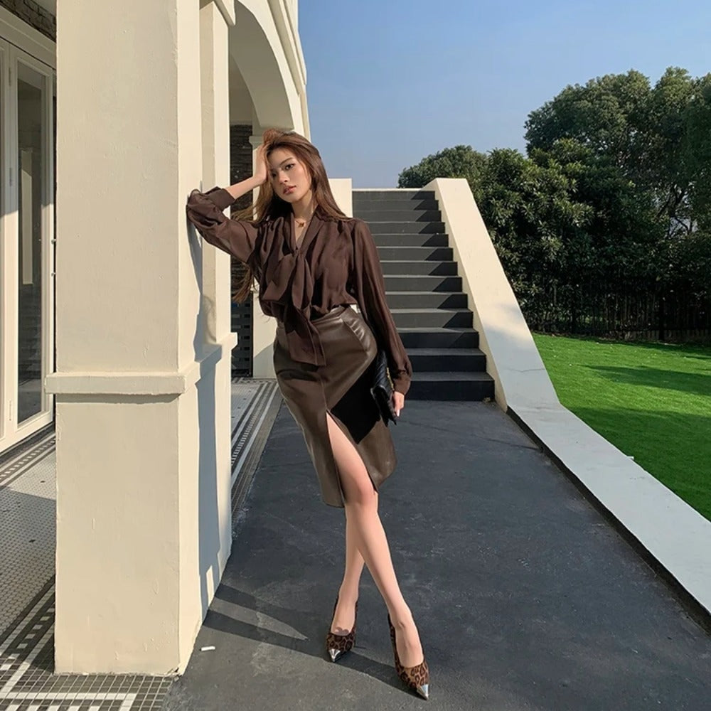 Women's Chocolate Brown Vintage Bow Tie Long Sleeve Chiffon Blouse