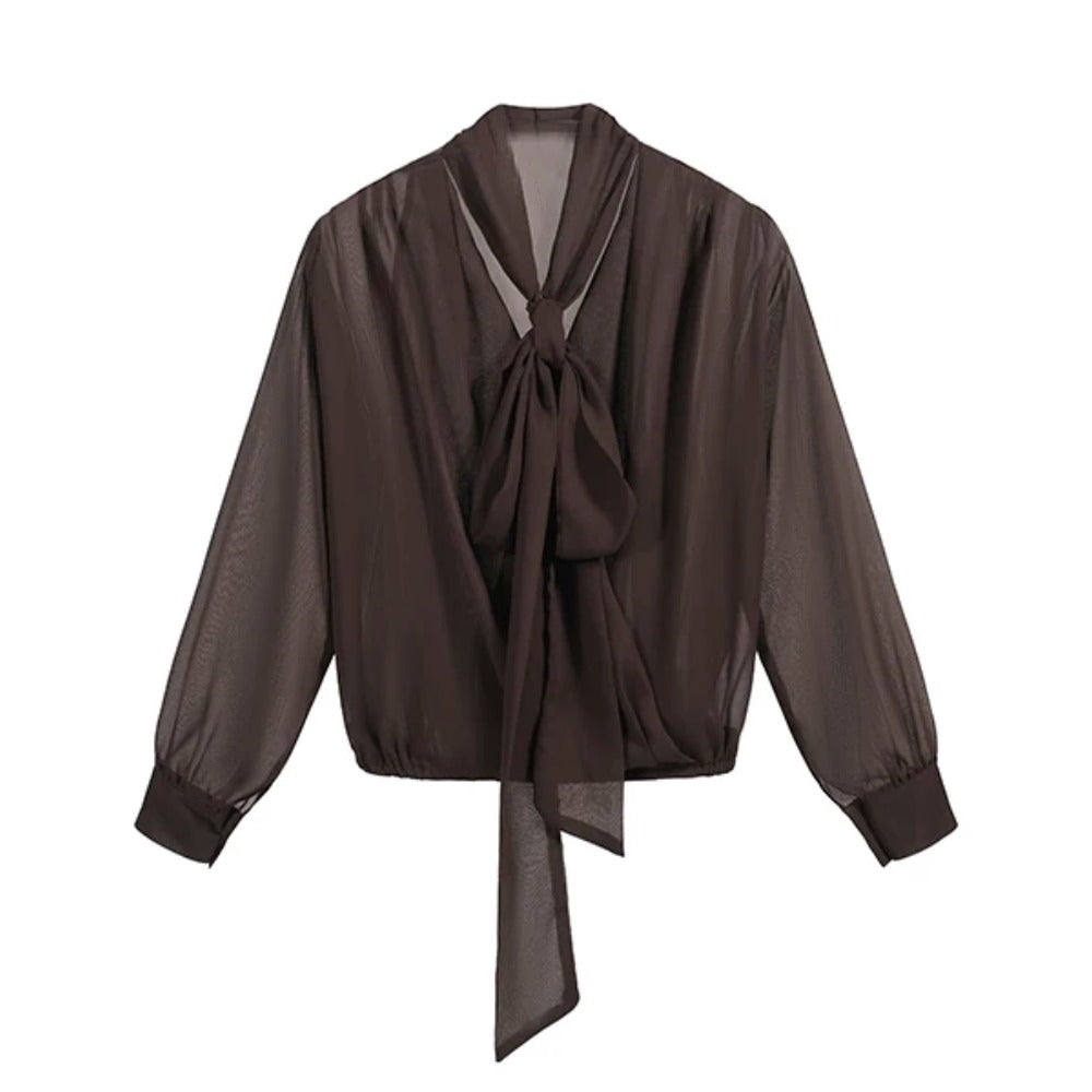 Women's Chocolate Brown Vintage Bow Tie Long Sleeve Chiffon Blouse