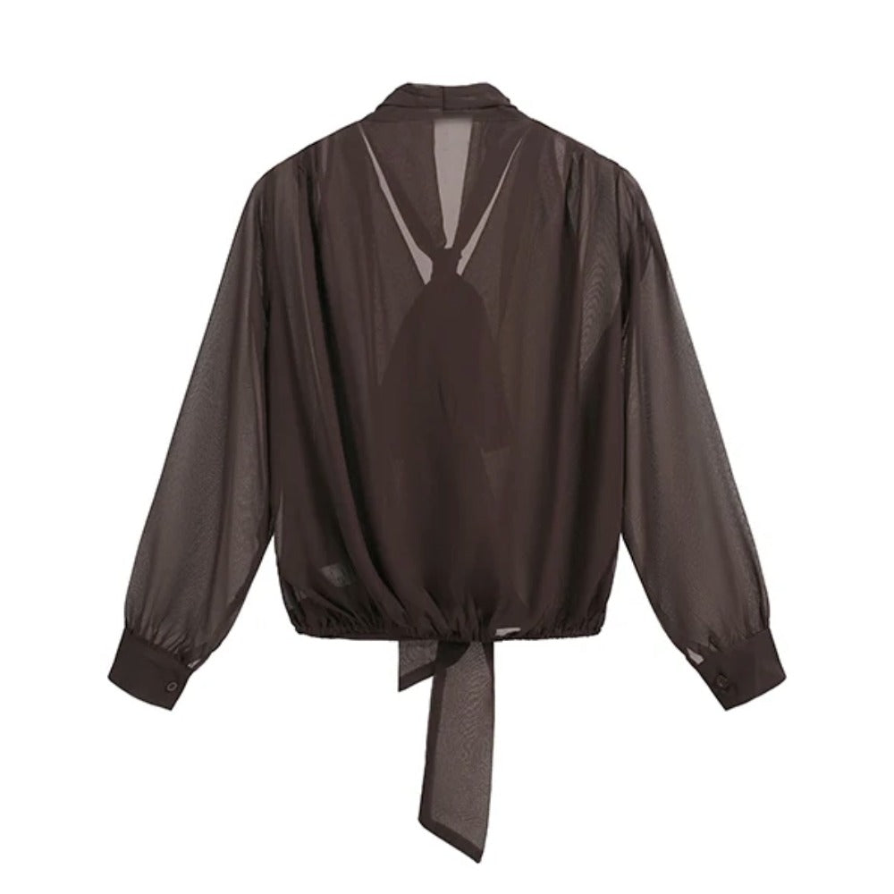 Women's Chocolate Brown Vintage Bow Tie Long Sleeve Chiffon Blouse