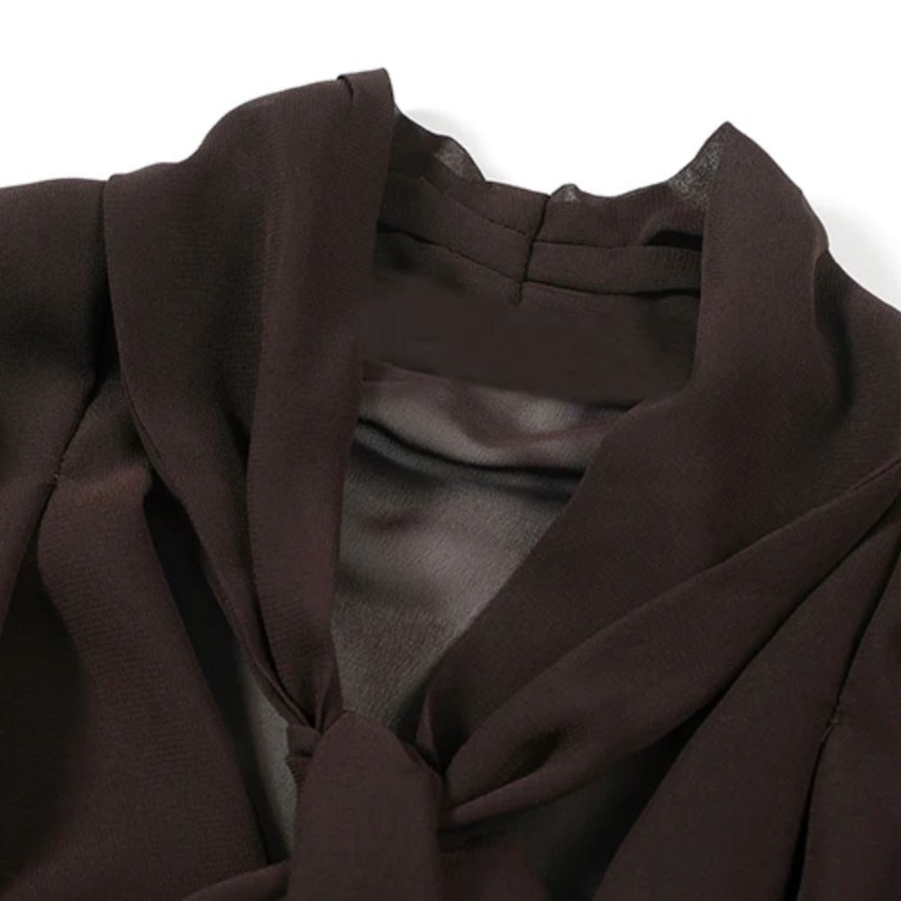 Women's Chocolate Brown Vintage Bow Tie Long Sleeve Chiffon Blouse