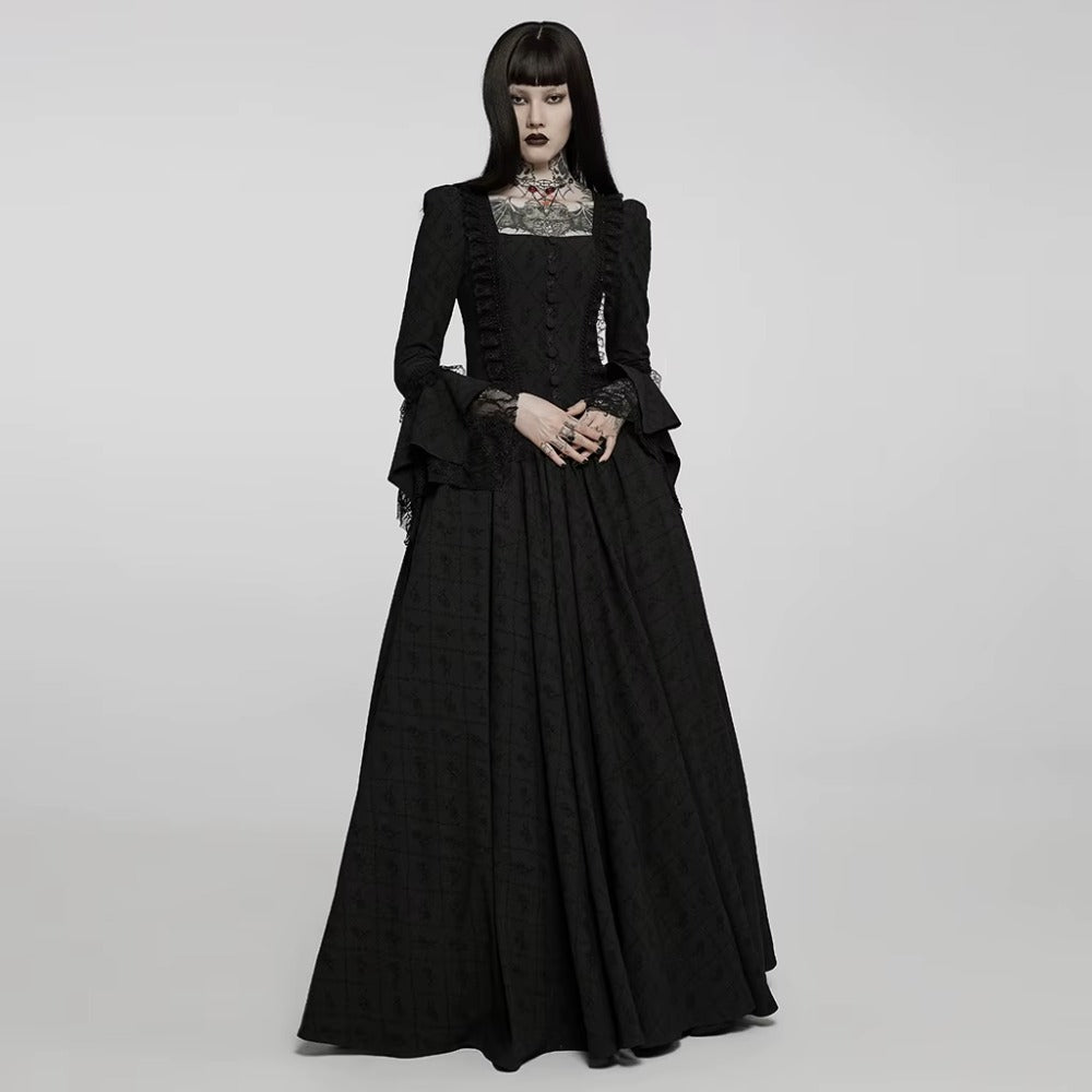 black gothic dress long sleeve Victorian Roses & Thorns Embroidered Black Jacquard Gothic Nobility Gown with Flared Lace Sleeves XL