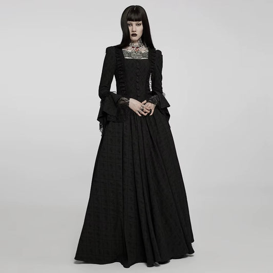 Victorian Roses & Thorns Embroidered Black Jacquard Gothic Nobility Gown with Flared Lace Sleeves