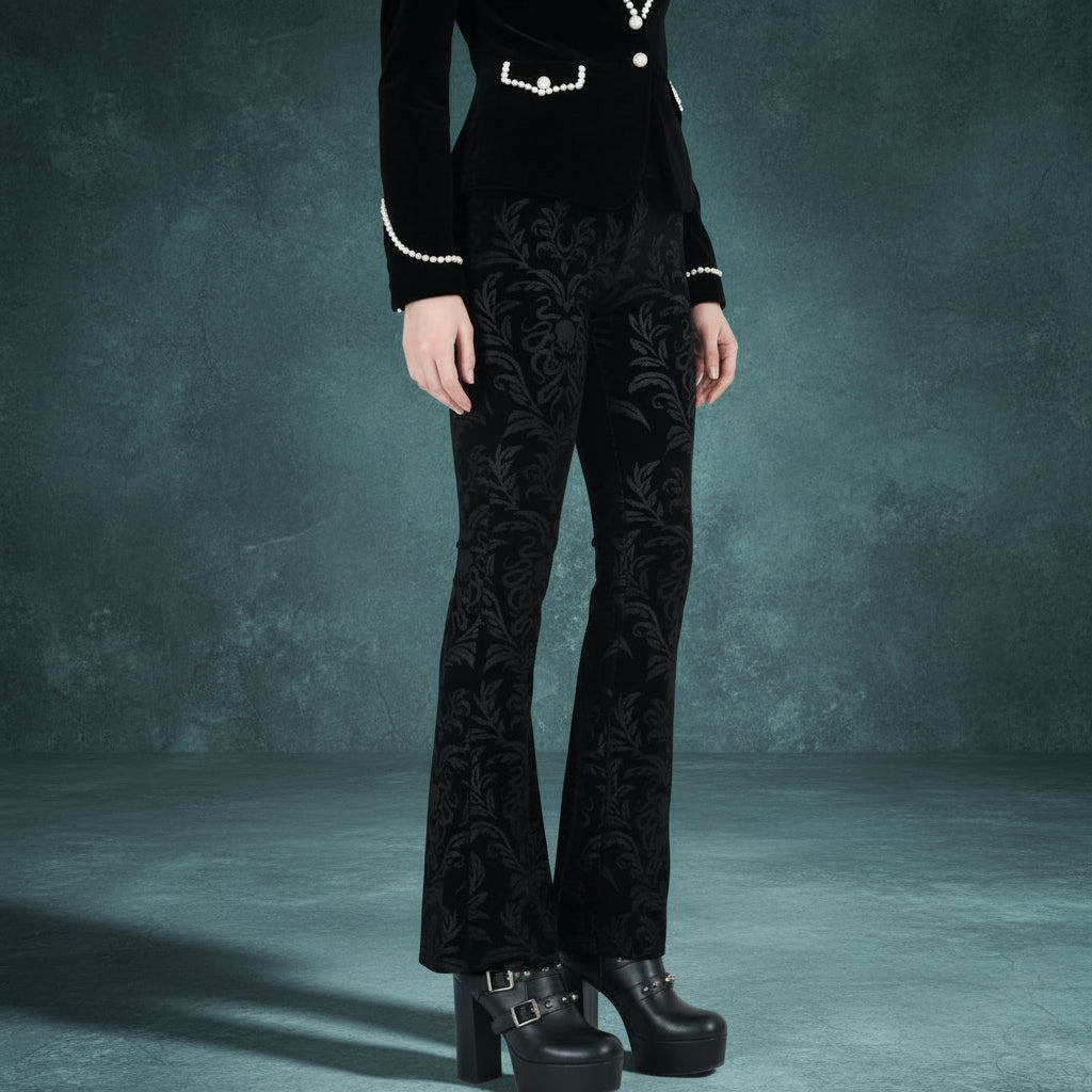 Women's Gothic Black Velvet Floral Embroidered Baroque High Waist Flare Pants