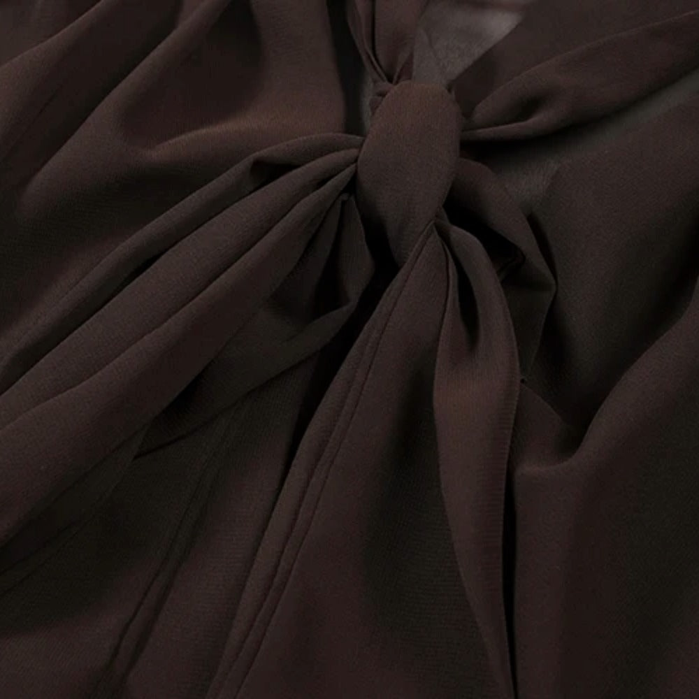 Women's Chocolate Brown Vintage Bow Tie Long Sleeve Chiffon Blouse