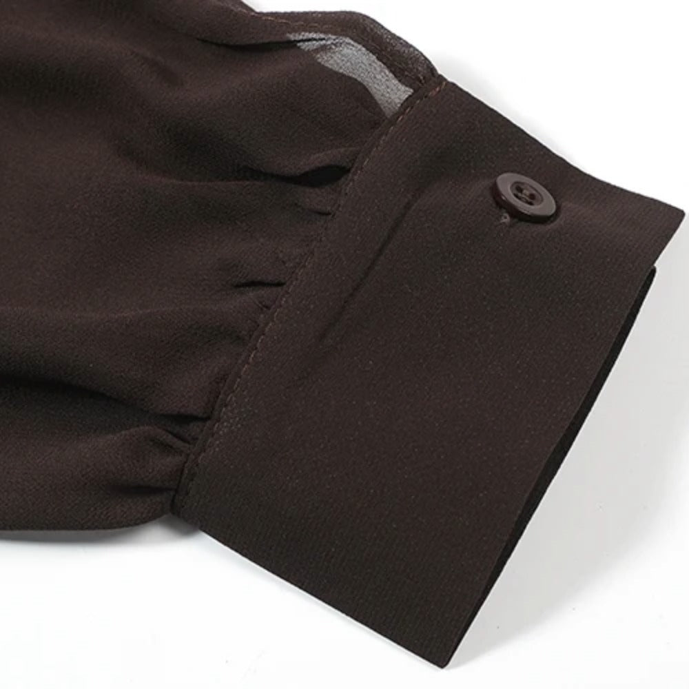 Women's Chocolate Brown Vintage Bow Tie Long Sleeve Chiffon Blouse