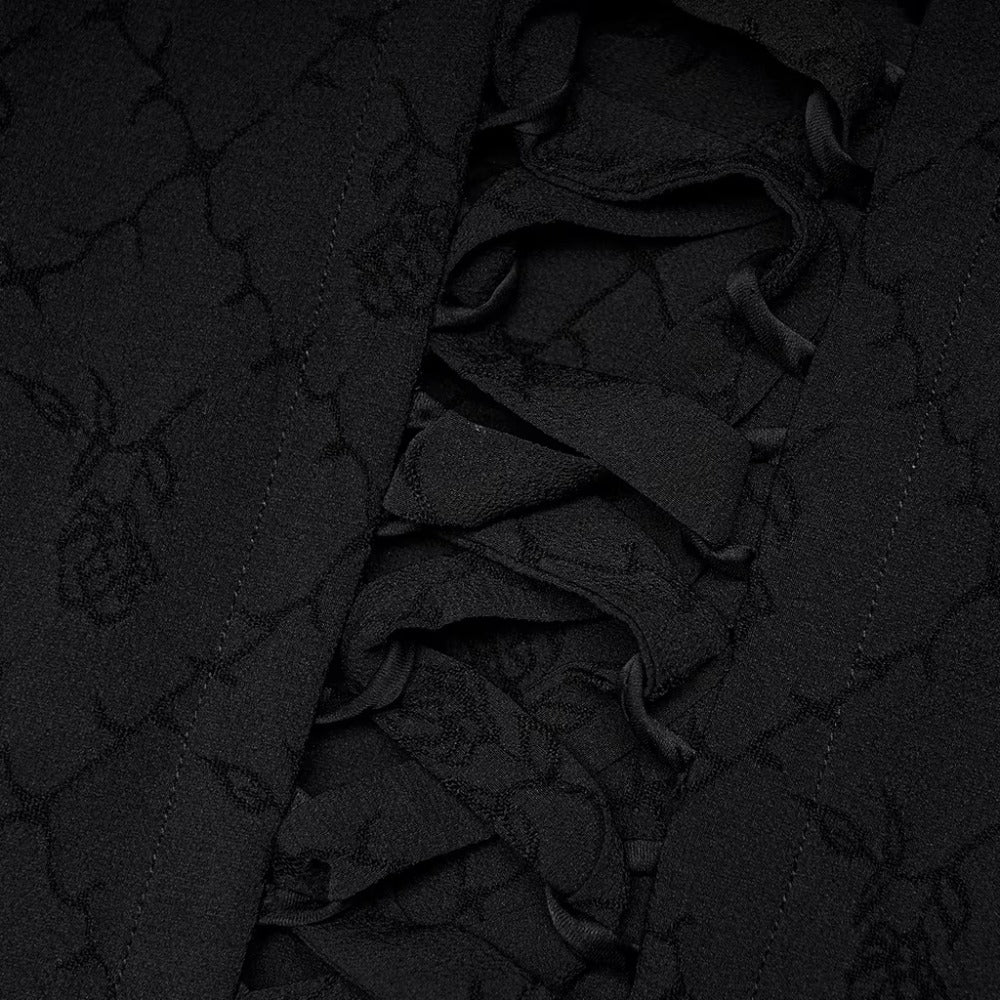 Victorian Roses & Thorns Embroidered Black Jacquard Gothic Nobility Gown with Flared Lace Sleeves