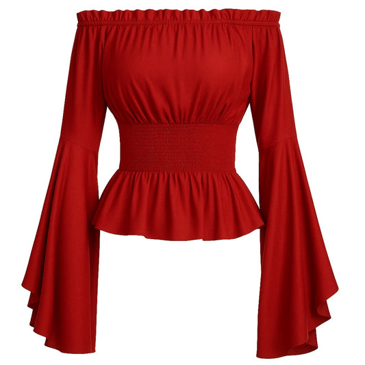 Women's Renaissance Off-Shoulder Smocked Medieval Peasant Blouse Flared Sleeves