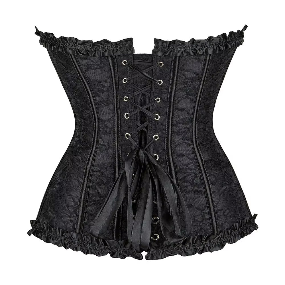 Gothic Victorian Floral Jacquard Boned Bustier Corset Top with Satin Trim