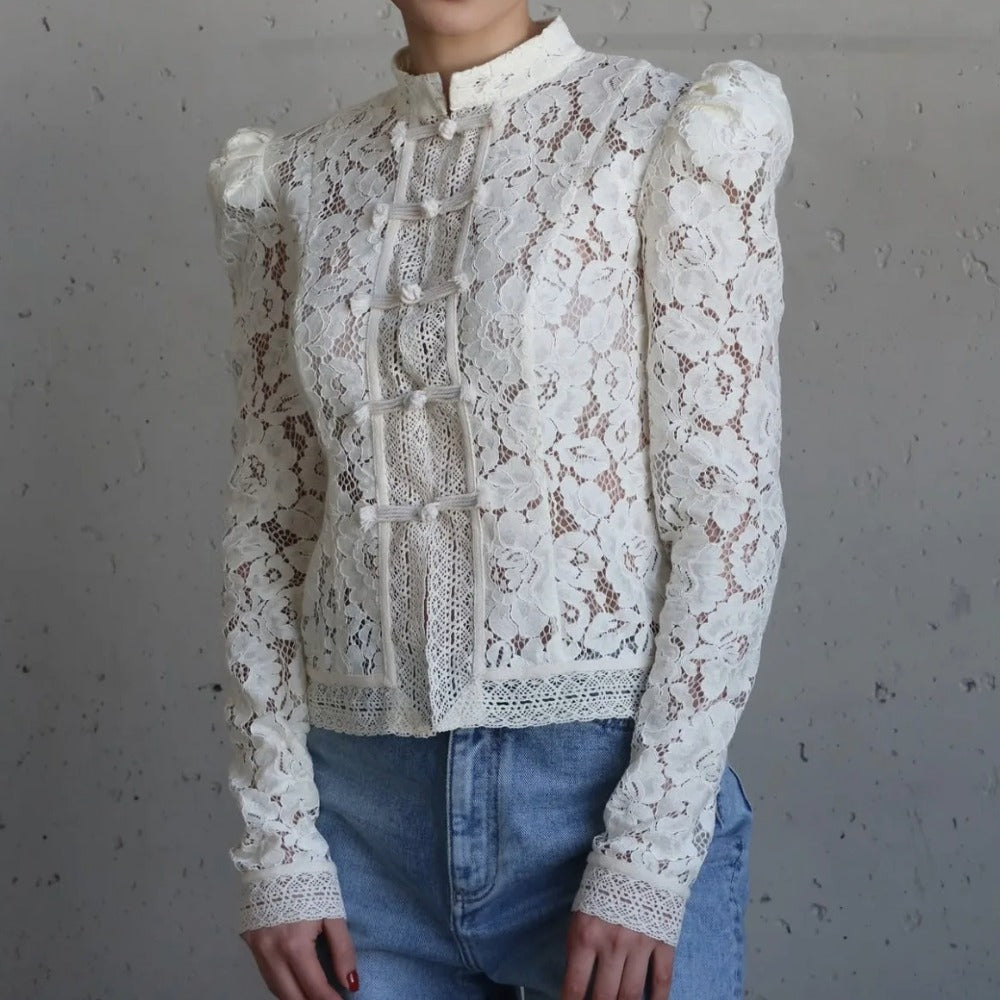 Women's Vintage Renaissance Embroidered Lace Blouse with High Neck Puff Sleeves