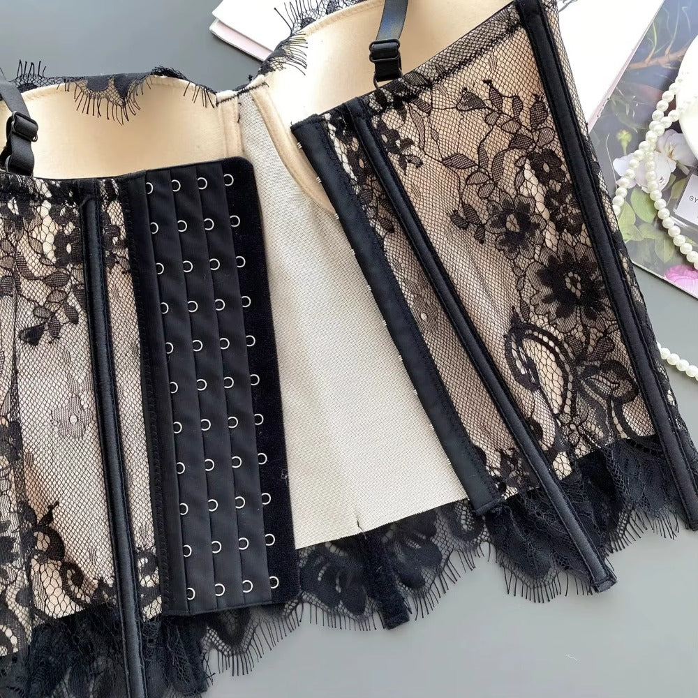 Gothic Floral Lace Women's Overbust Boned Corset Top with Sheer Mesh