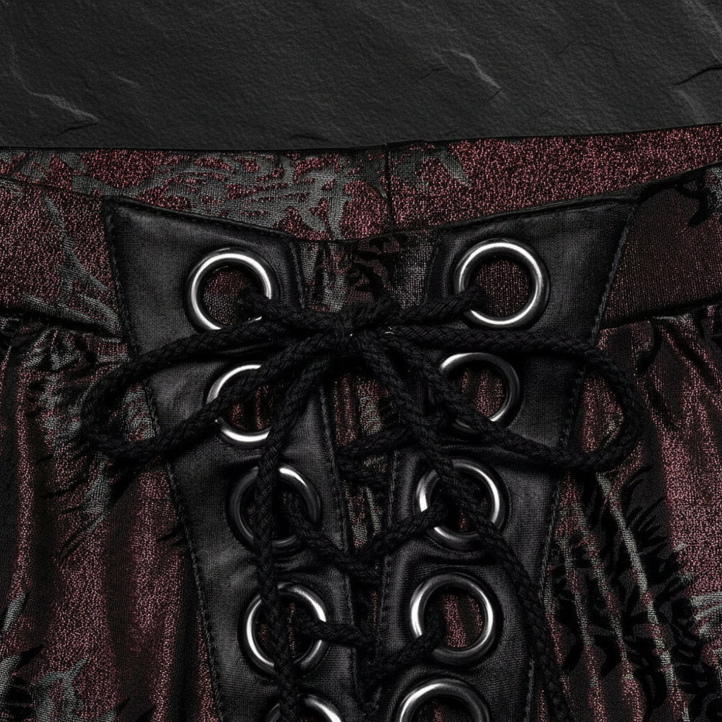 Women's Red & Black Gothic Floral Jacquard Embroidered Metallic Lace-Up Flared Pants