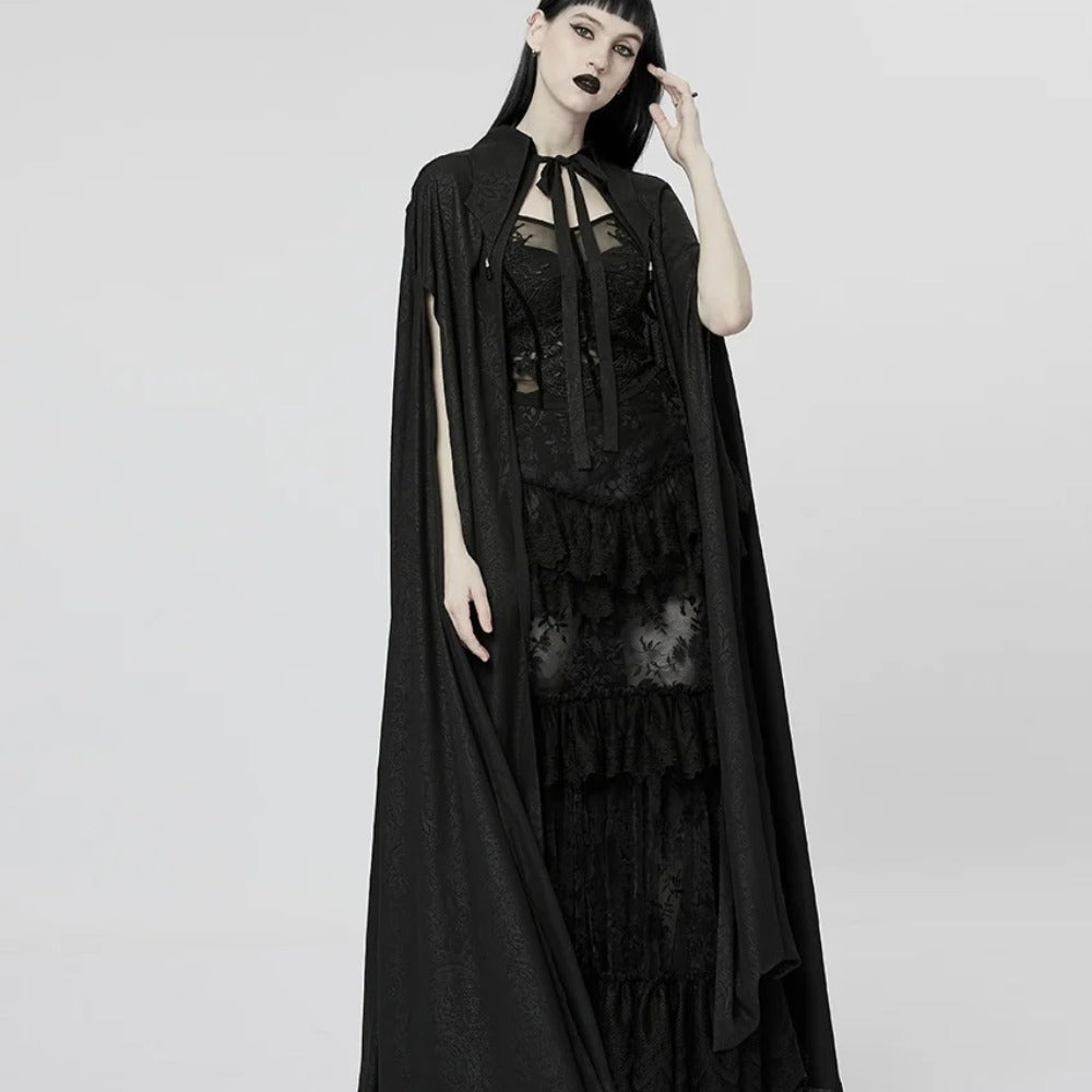 Women's Gothic Renaissance Embroidered Cloak with Crystal & Pointed Lapel Collar