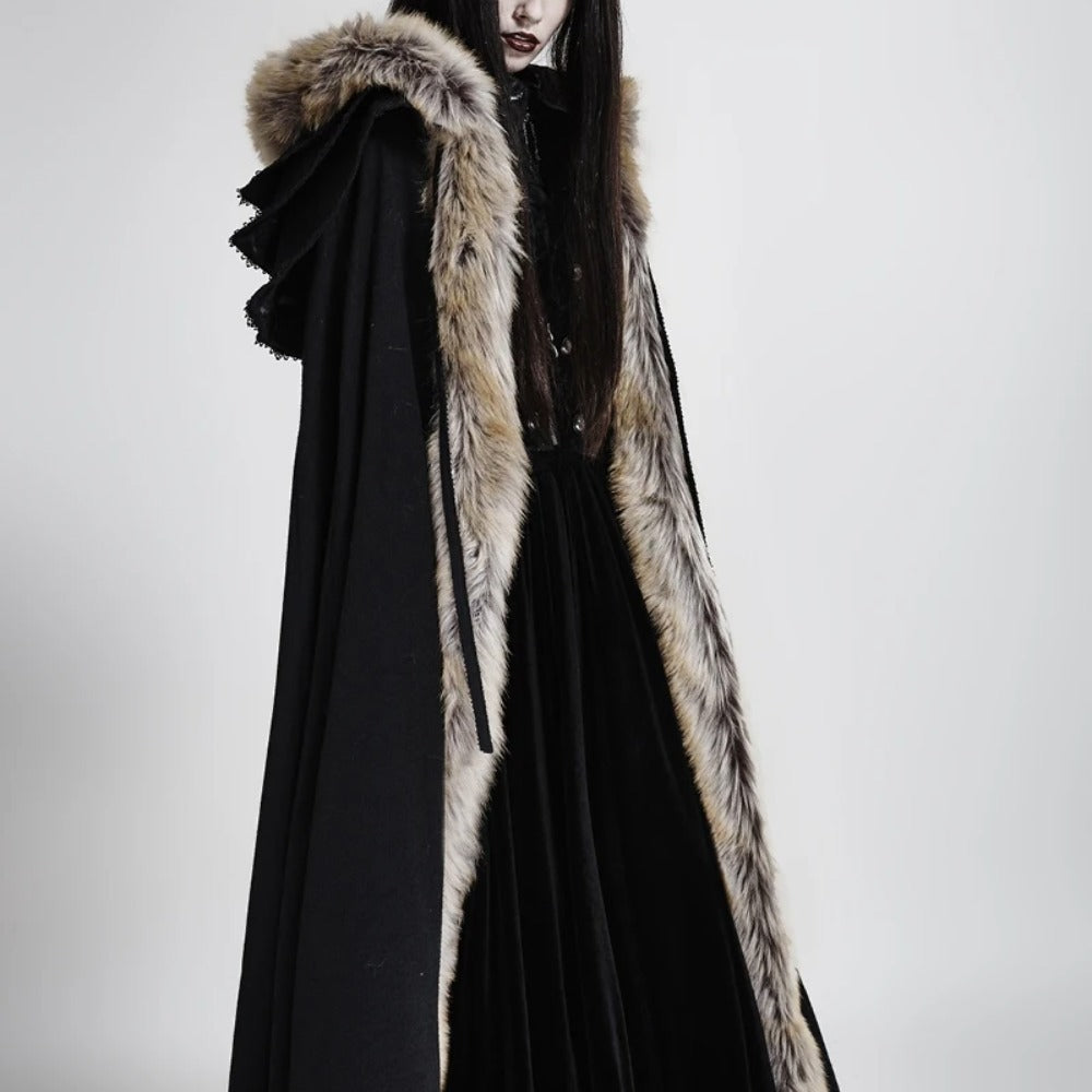 Gothic Renaissance Fur-Trimmed Hooded Women's Medieval Cloak with Ruffled Collar