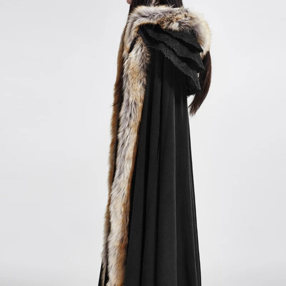 Gothic Renaissance Fur-Trimmed Hooded Women's Medieval Cloak with Ruffled Collar